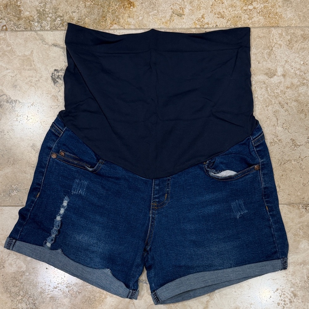 High-Waist Maternity Denim Shorts with Navy Over-Belly Panel